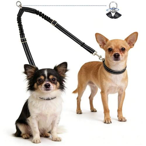 Kelivi Double Dog Lead Coupler, No Tangle 360°Swivel Rotation Two 2 Dog Lead Splitter, Heavy Duty Adjustable Bungee Reflective Dual Dog Leash for Walking Medium Large Dog (Black-Small)