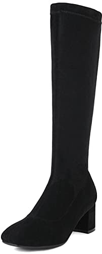 Bviennic Donna Square Toe Inverno Warm Knee Stivali Stretch Largo Fit Soft Suede Tacco A Blocco Stivali Equitazione Nero Numero 38 EU-39Cn