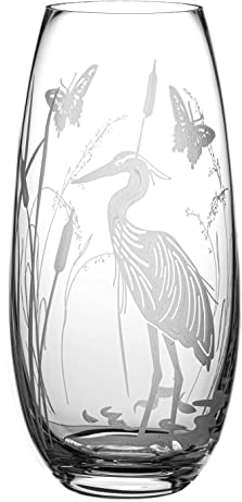 DIAMANTE Barrel Shaped Crystal Vase Heron - Etched Bird Botanical Wildlife Design Decoration Flower Vase - 25cm
