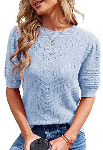 Runcati Damer kortärmad stickad tröja ledig rund hals puffärmar elegant enfärgad tröja tröja tröja, blå, S