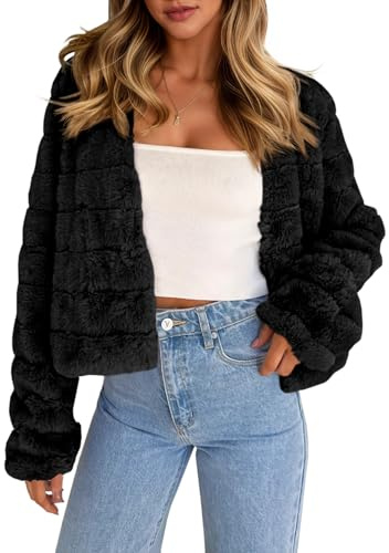 Fisoew Womens Cropped Faux Fur Jackets Long Sleeve Open Front Fluffy Short Coats