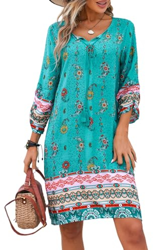 Zeagoo Frauen Sommerkleider Bohemian V-Ausschnitt Strandkleid Elegant Sommer Casual Blumen Kurzes Kleid Midikleid Freizeitkleider XL Mode Dress