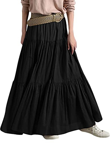 Skang Maxi Rock Für Damen Sommer Damen-Frühling/Sommer, lässig, hohe Taille, Baumwolle und Leinen, einfarbig, plissiert, lockerer Swing, halblanger Rock Rock A Linie Knielang