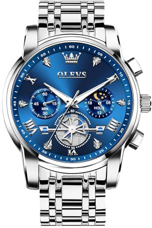 OLEVS Silber Herrenuhr Metallarmband Moderne Wasserdicht Leuchtend Männer Uhr Mondphase Elegante Quarz Analog Uhr für Herren Blau Großes Zifferblatt Chronograph Herren Armbanduhr Edelstahl Geschenke