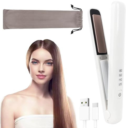 KBIBCK Haarglätter 2 in 1, Glätteisen Kabellos, Mini Glätteisen Kabellos Mit 4000mAh Akku, Wiederaufladbar über USB, Mini Haarglätter mit 4 einstellbaren Temperaturen, ideal fr unterwegs, Weiß
