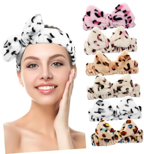 WRITWAA Bandeaux pour Cheveux Confortable et Sécurisé Imprimé Léopard Lot de 6 Femme Doux Nœud en Fibre Synthétique pour Spa et Maquillage