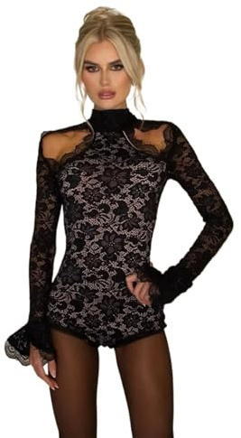 Body in Pizzo Nero, Collo Alto, Maniche Lunghe Svasate, Motivo Floreale, Design Cut-out, Taglia S-L (Black,S)