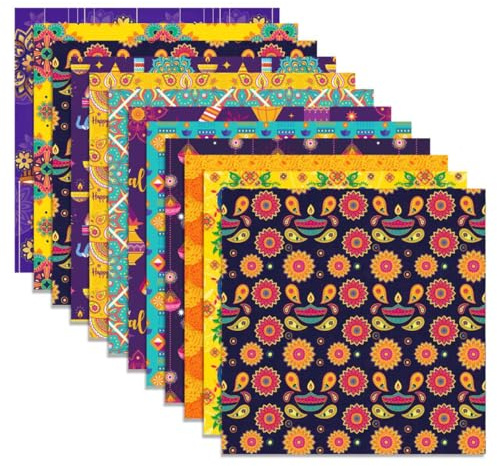 24 Sheets Diwali Pattern Pad 11.8'' x 11.8'' Diwali Scrapbook Paper Pad Purple Gold Rangoli Diyas, Peacocks, Elephants, Fireworks Patterned Double-Sided Cardstock Paper for DIY Card Making Origami