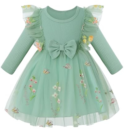 Amissz Abito da Bambina con Fiori, Abito Tutu a Maniche Lunghe per Bambine, Abito Floreale Ricamato per Bambine, Abito da Damigella d'Onore, Abito da Principessa per Bambine, Abito per Matrimonio