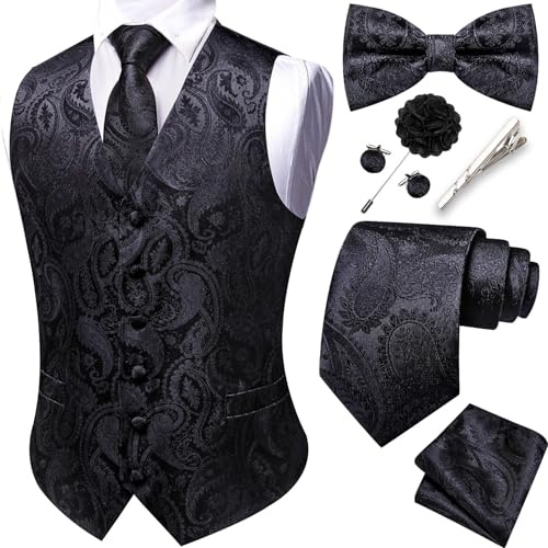 Barry.Wang Gilet da uomo in jacquard con motivo paisley, set completo da smoking formale con cravatta, farfallino, clip, fazzoletto, gemelli e spilla per bavero, per matrimonio, 8 pezzi, Nero , S