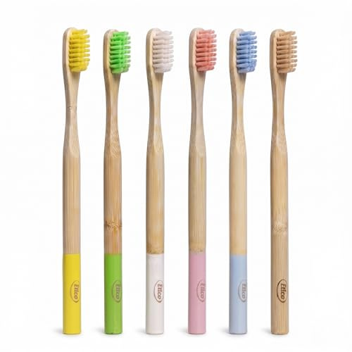 Etico Spazzolino Bamboo Ecologico - 6 Spazzolini Bamboo per Adulti con Setole Morbide, Spazzolini da Denti in Legno Naturale Biodegradabile, Senza BPA, Vegan, Dispositivo Medico