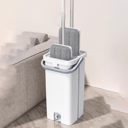 Dubbel hink våt och torr separering mopp hinksats, blötläggnings- och vridfunktion, 360° spinnmopp med metallhandtag, 10 mikrofiberdukar, hushållsmoppehink