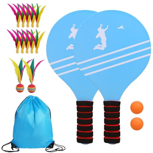 NKFBEV Beach Bat and Ball Set, Kids Wooden Paddle Ball Set with 2 Wooden Rackets, 12 Birdies, 2 Balls & 1 Storage Bag,Game Wooden Beach Bat Sets,Beach Ball RacketSet Beach Game Toy for Family Boy Girl