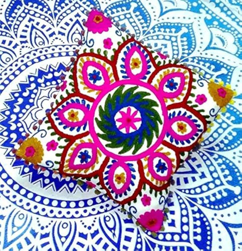 Traditional Jaipur Indien Suzani brodé Taie d'oreiller, Coussins d'extérieur, Couvre-lit décoratif taie d'oreiller, Pom Pom Housse de Coussin 16 x 16, Boho Couvertures d'oreiller