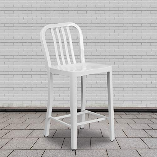 Flash Furniture Barhocker mit Rückenlehne – Metall-Barstuhl für Innen- und Außenbereich – Tresenstuhl ideal für die gewerbliche Nutzung – 2er Set – Weiß