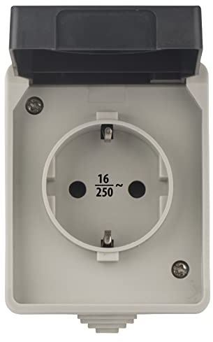 EMOS Protective Contact Socket with Hinged Lid, Surface-Mounted for Wall Mounting, Suitable for Wet Rooms and Outdoor Use, 250 V ~ / 16 A Max. Protection Class IP44/IP54, Schuko, Plastic