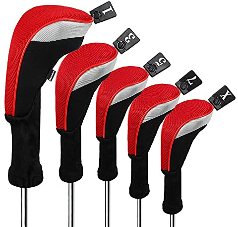 Andux 5pcs/Set Golf 460cc Driver Fairway Wood Club Head Covers Long Neck Black/Red