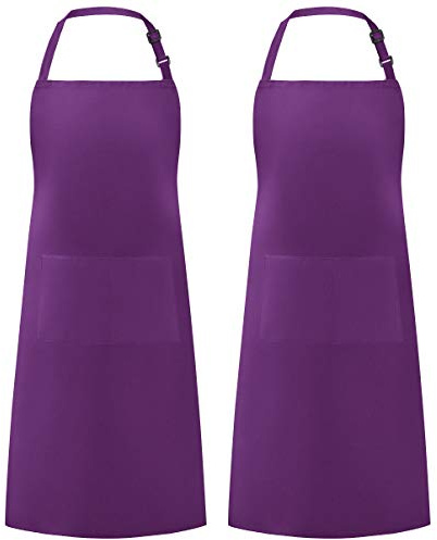 Syntus 2 Pack Adjustable Bib Apron Waterdrop Resistant with 2 Pockets Cooking Kitchen Aprons for BBQ Drawing, Women Men Chef, Purple