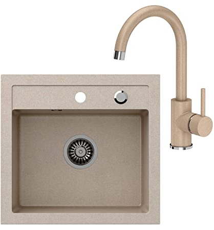 VBChome Spülbecken + Armatur 50 x 47 cm Beige Spüle Einzelbecken Küche Einbauspüle Verbundspüle Küchenspüle gesprenkelt flächenbündig + Siphon Waschbecken