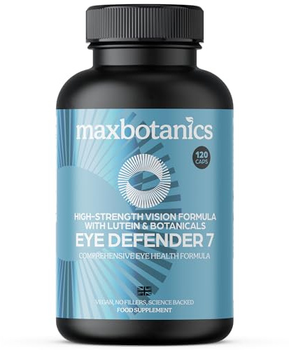 Max Botanics Eye Defender 7 Long-Term Eye Health Formula Supplements Lutein Zeaxanthin Bilberry Goji Blackcurrant Eyebright Support Clear Healthy Vision No Additives Vegan GMP 120 Capsules UK Made