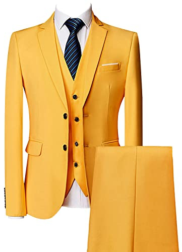 3-delat vanligt snitt kostymset för män, byxor väst fast affärskavaj, två knappar, casual, bröllop, kostymer smal passform för brudgummar, Gult, 3XL