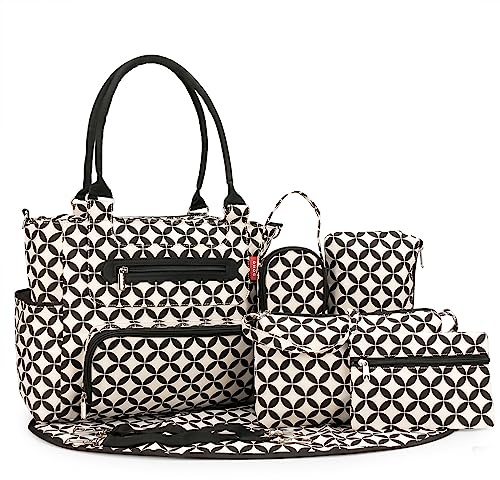 SONARIN Set de 7 Bolsa de Pañales para Bebés,Bolso Cambiador de Pañales Multifunción Bolsa Mamá Bolsa de Hombro Bolsa de Viaje para Pañales con Cambiador y Ganchos Carrito Bebé(Blanco & Negro)