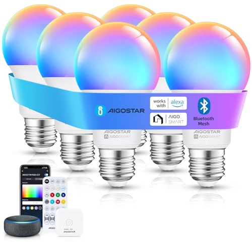 Aigostar Mesh – 9 W lampadina collegata Bluetooth Mesh A60, lampadina collegata Alexa E27 LED 806LM RGB & 2700K-6500K, 16 milioni di colori, 6 unità (con passerella e telecomando Bluetooth)
