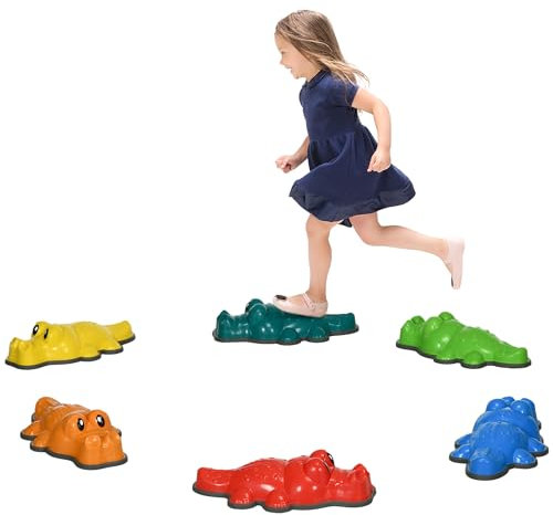 ZONEKIZ Kids Stepping Stones, 9PCs Balance River Stones, Crocodile-Designed Sensory Toy with Anti-Slip Edge, Indoor Outdoor Obstacle Courses, Stackable