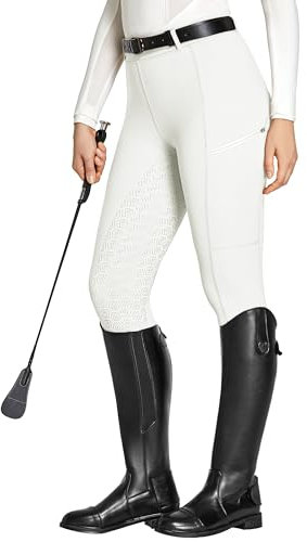FitsT4 Sports Reitleggings Damen Reithose Mädchen Silikon vollbesatz mit Handytasche und Gürtelschlaufen für Reitsport Pferdetraining,Weiß,XS