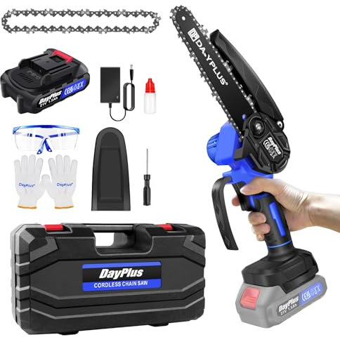 Mini Chainsaw Cordless 6 Inch with Large LI-ion Battery, Powerful Electric Chainsaw with 2 Chains and Security Lock,Handheld Small Chain Saw for Wood Cutting Tree Trimming Gardening,Blue