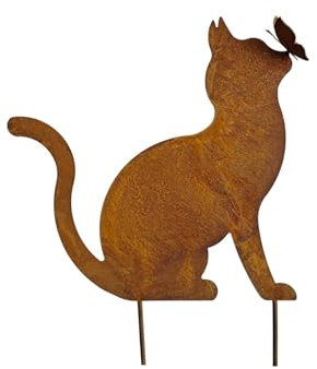 Bornhöft Décoration de jardin - Chat avec papillon - Aspect rouille - Sculpture de jardin en métal rouillé - Résistant aux intempéries