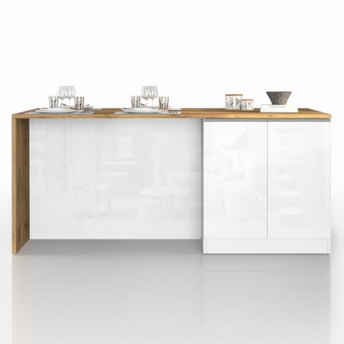 WHOUS Isola Cucina SOLE con 4 Ante, Tavolo da Pranzo e Piano di Lavoro, Ideale per Open Space e Spazi Ridotti, 200x90x90 cm, Bianco Lucido e Rovere