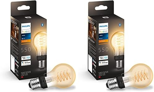 Philips Hue White Filament A60 Smart Light Bulb [E27 Edison Screw] 7W for Vintage, Indoor Home Lighting. Decorate Your Livingroom, Bedroom or Diningroom (Pack of 2)