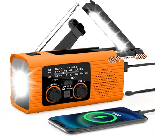 FLITI Radio de Emergencia Portátil - R-adio de Manivela de Energía Solar, Radios de Alarma SOS, con Linterna LED, 3 Métodos de Carga, Radios Am/FM/NOAA con Pilas, Viajes, Ourdoor (Rojo Anaranjado)