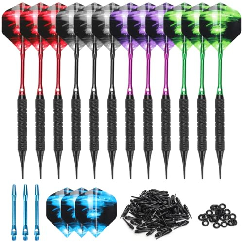 LYCXAMES dartpilar med plastspets för elektronisk darttavla, 12 stycken mjuka pilar set, 18 gram professionell mjuk darts dartpil med 100 plastdartspetsar och 20 anti-lösa gummiringar