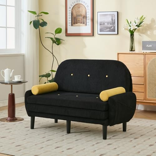 KOMHTOM Canapé Convertible 2 Places Moderne, Canapé-lit Pliable, Dossier Réglable, 2 Coussins Cylindriques, Tissu Velours Côtelé, pour Salon, Chambre à Coucher (Noir)
