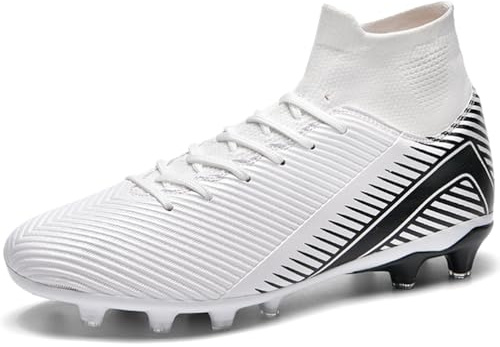 WOWEI Fotbollsskor herr pojkar High Top Spike Cleats professionella fotbollsskor barn sport utomhus atletiska träningsskor fotbollsskor sportskor tävling, Vit 2, 42 EU