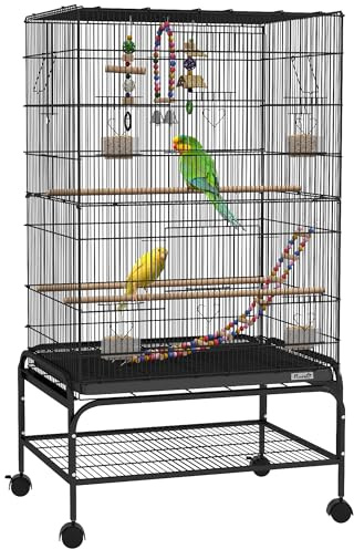 PawHut Gabbia per Uccelli 110 cm, Voliera per Cocorite, Calopsite, Canarini, Inseparabili, Fringuelli con Ruote, 4 Contenitori, Giochi, Vassoio Rimovibile, Ripiano, Nero