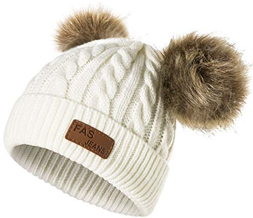 Yixda Bonnet d'hiver chaud pour bébé - Pour fille et garçon - Avec pompon en fourrure - Blanc - taille unique
