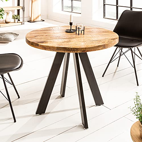 invicta INTERIOR Massiver Esstisch Iron Craft 80cm rund Natur Mangoholz geflexte Beine Bistrotisch Küchentisch Holztisch