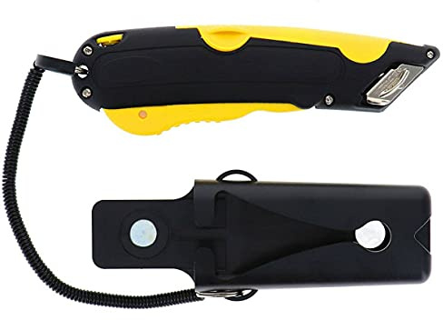 Veltec EZ-1000 Safety Box Cutter Utility Knife, 3 Blade Depth Setting, Squeeze Trigger and Dual Side Edge Guide, 2 Blades, Holster and Lanyard (Yellow)