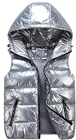 Quiltad väst, glänsande, för damer – ärmlös täckjacka, enfärgad väst, blixtlåsficka, casual, huvjacka, unisex, vinterjacka med huva, utomhusväst, buffertjacka, S–3XL, silver, M
