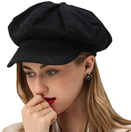 Berretto Estivo da Donna da Newsboy, 100% Cotone, 8 Pannelli, Stile Vintage, con Visiera Ottagonale, Regalo per Donne e Ragazze, Nero, 7 1/8 / 7 3/8