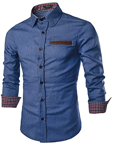 Coofandy - Camisa de manga larga para hombre, camisa de mezclilla, camisa de estilo rockabilly, ajuste regular, camisa de tiempo libre, camisa de estilo vaquero, camisa de hombre, B-Azul Cielo, M