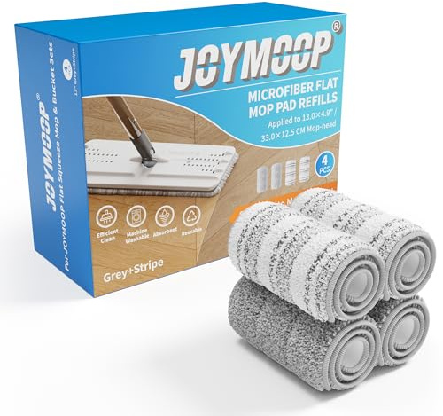 JOYMOOP Flat Mop Pads, Microfiber Mop Cleaning Pads, Washable Pads, Pads Replacement for JOYMOOP Flat Mop or Mop Bucket Set, Pack of 4 Refills 13inch - Grey and Stripe