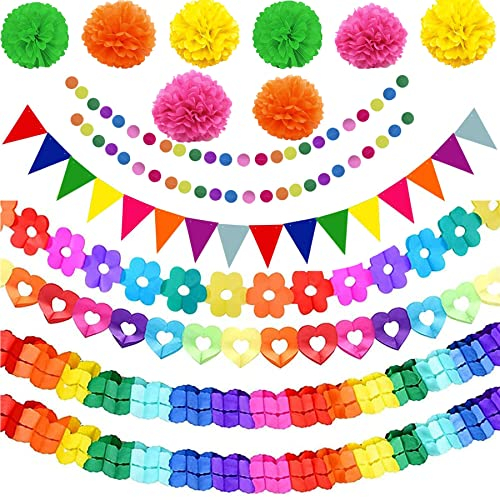 15er Set Party Deko Bunt Girlande Papiergirlande Dreieckige Wimpelkette Punkt Papier Girlande Papier Pompoms Regenbogen Deko Bunte Girlande Luftschlangen für Karneval Fasching Geburtstag Party Deko