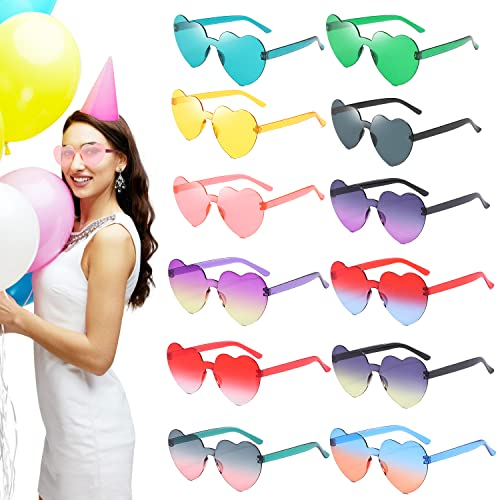 Suitedget 12 Colores De Gafas Corazon De Sol Transparentes Con Forma De Corazón Gafas De Fiesta Disfraz Divertidas Para Fiestas, Fiestas De Cumpleaños, Festivales De Música Atrezzo Fotográfico