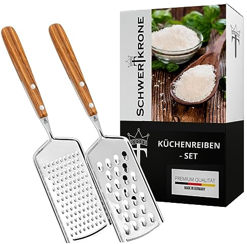 Schwertkrone Set da 2 pezzi Grattugia da Cucina - Grattugia per Formaggio e Verdure in Acciaio Inox e Legno d'Olivo, Made in Germany