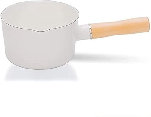 FYUEROPA Enamel Milk Pot, Butter Warmer Non-stick Mini Saucepan, 4.7 Inch 24 Oz Small Cookware with Wooden Handle, White