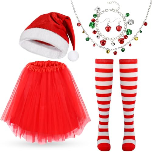 6 STK Weihnachtskostüm Damen Set, mit Weihnachtsmütze, Tüllrock Rot, Gestreifte Kniestrümpfe, Weihnachtsohrringe Weihnachten Schmuck, Tütü Weihnachten Kostüm Frauen für Weihnachten Geburtstag Party